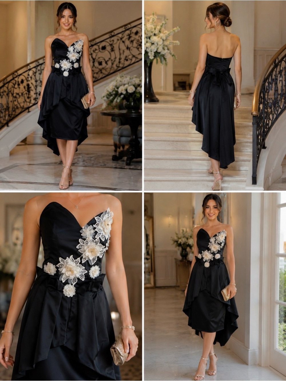 Strapless Black High-Low Dress with Floral Appliqué